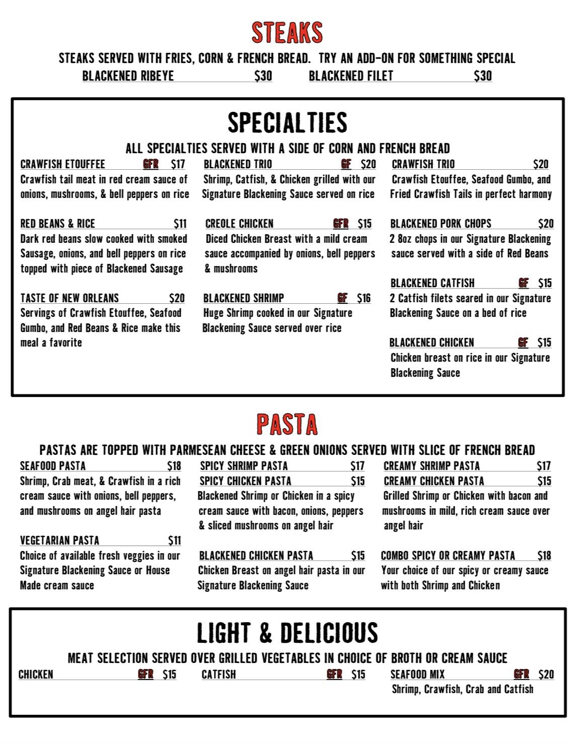Menu at The Big Easy restaurant Yukon
