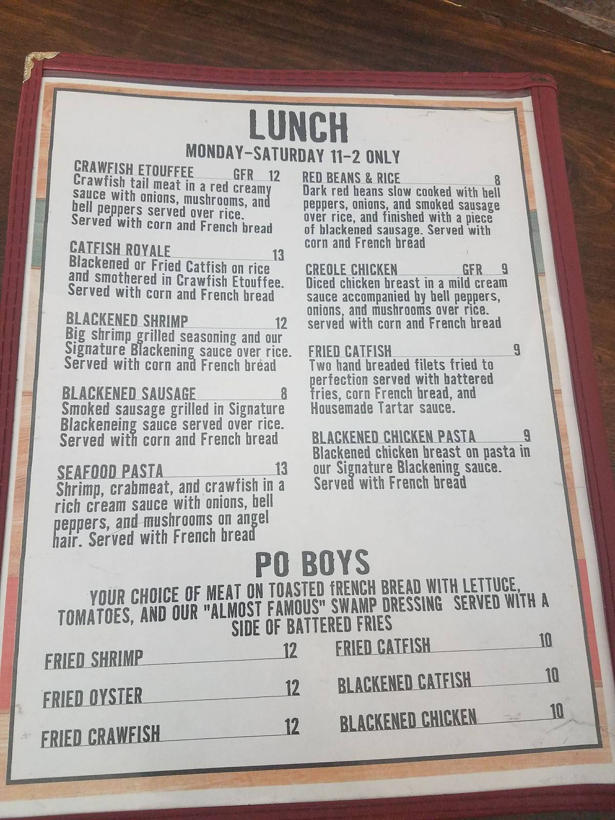 Menu at The Big Easy restaurant Yukon