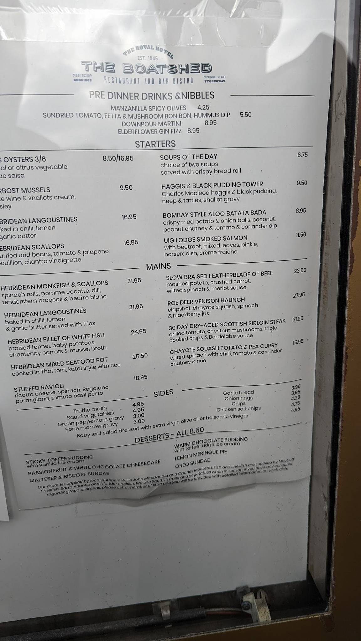 Menu at The Boatshed Restaurant, Stornoway, Cromwell St