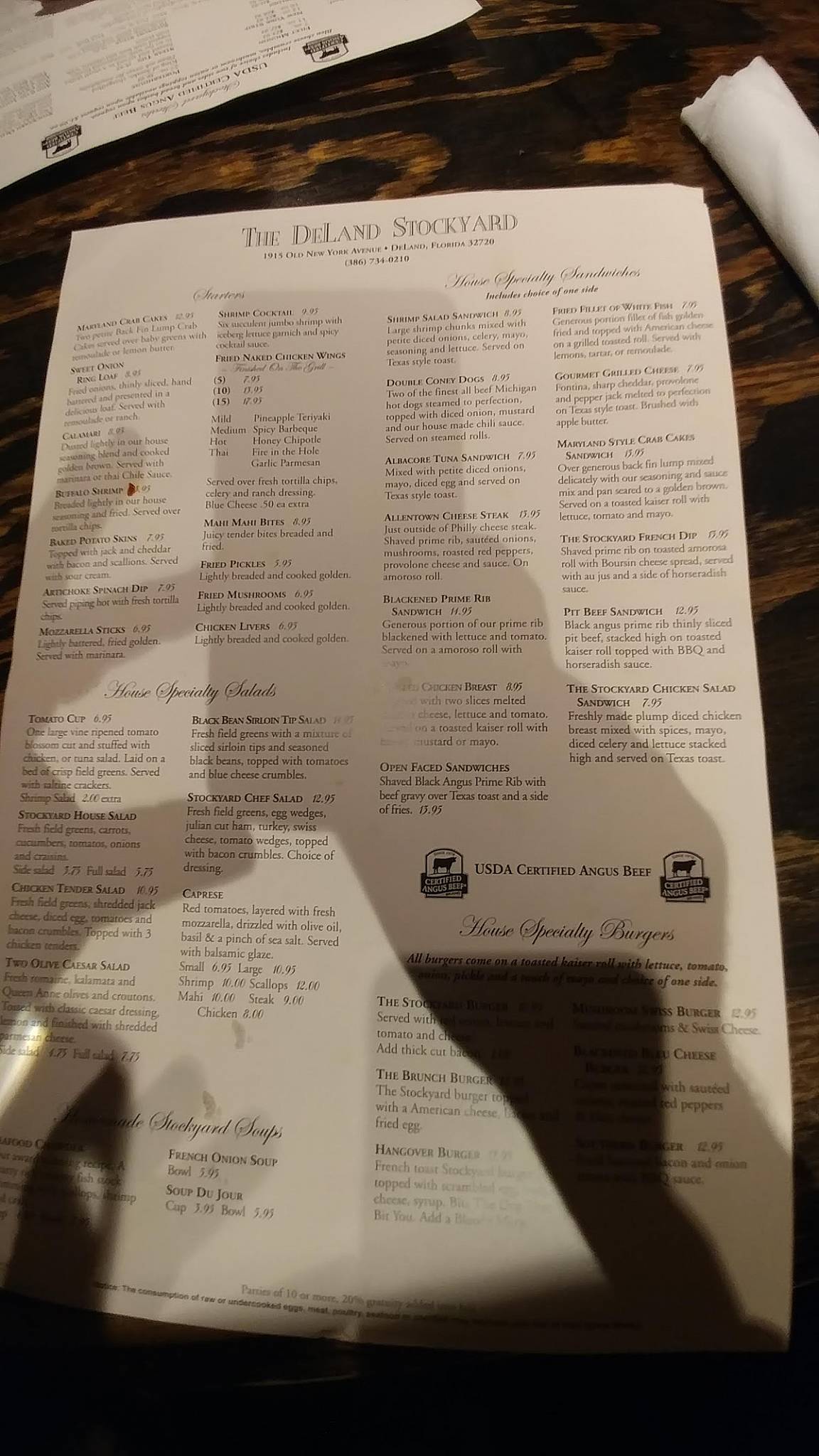 Menu at The DeLand Stockyard steakhouse, DeLand