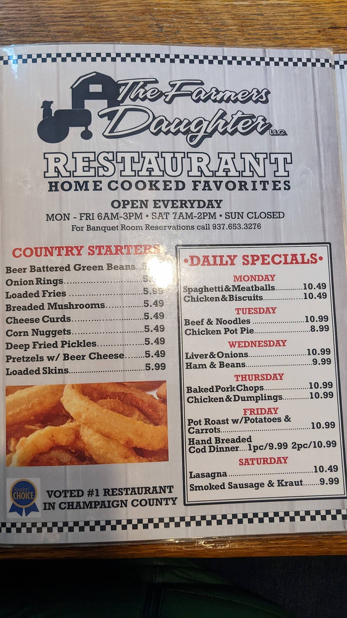 Menu at The Farmer's Daughter restaurant, Urbana