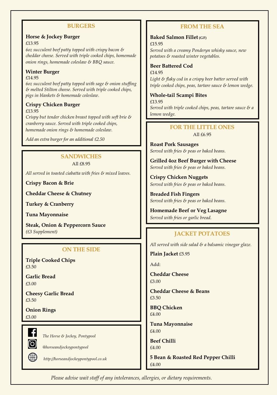 Menu at The Horse & Jockey pub & bar, Pontypool, Usk Rd