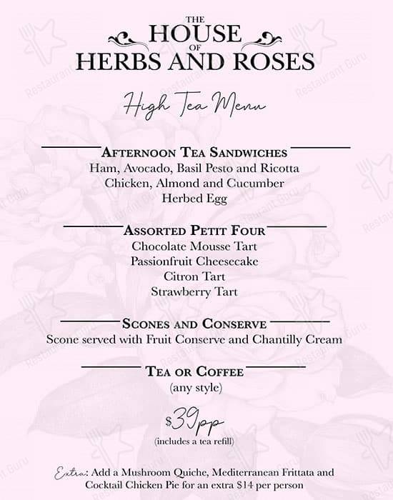 Menu at House of Herbs & Roses cafe, Dural