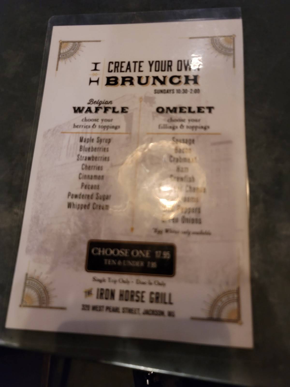 Menu at The Iron Horse Grill restaurant, Jackson