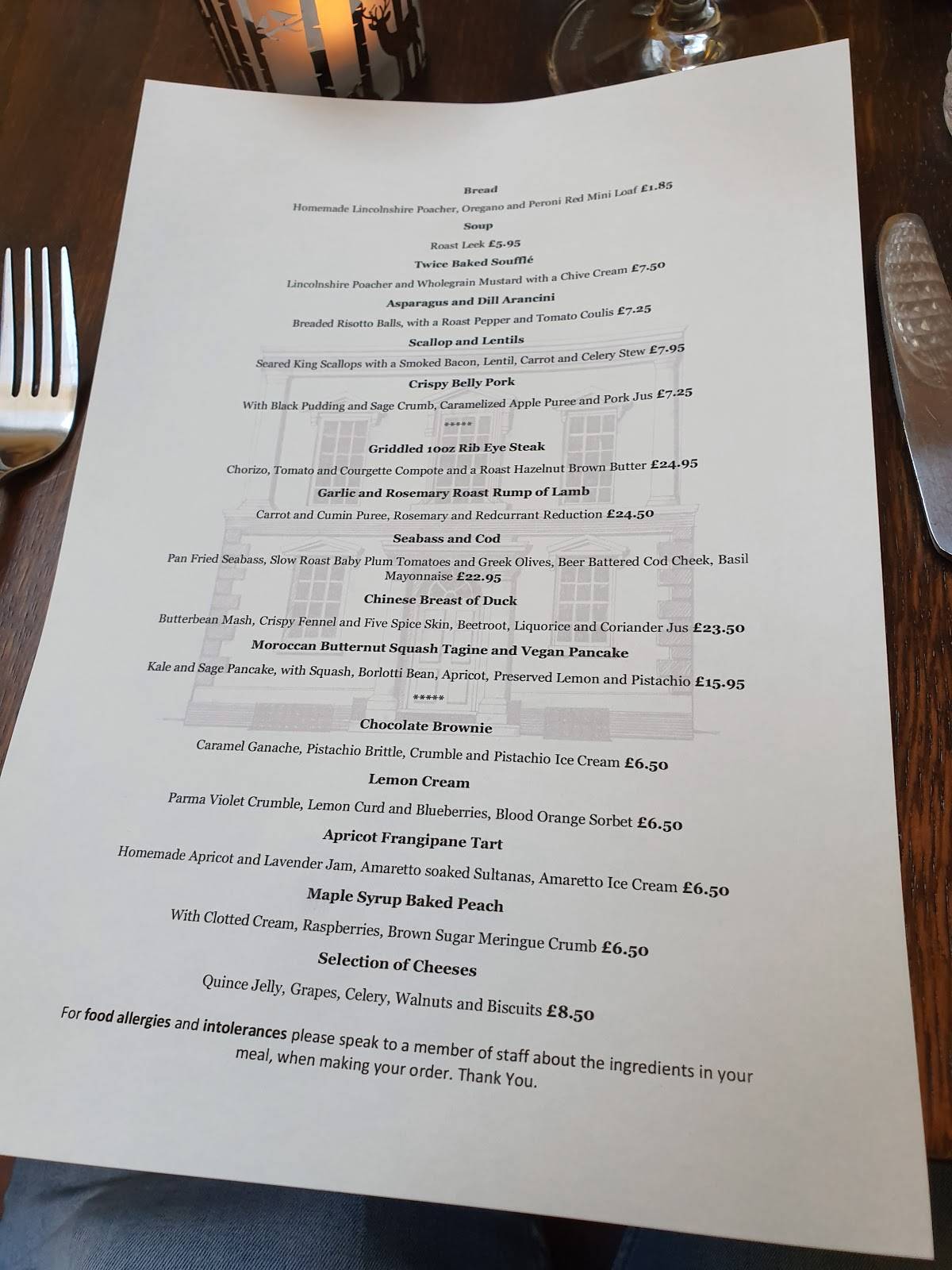 Menu at The Mansion House restaurant, Louth