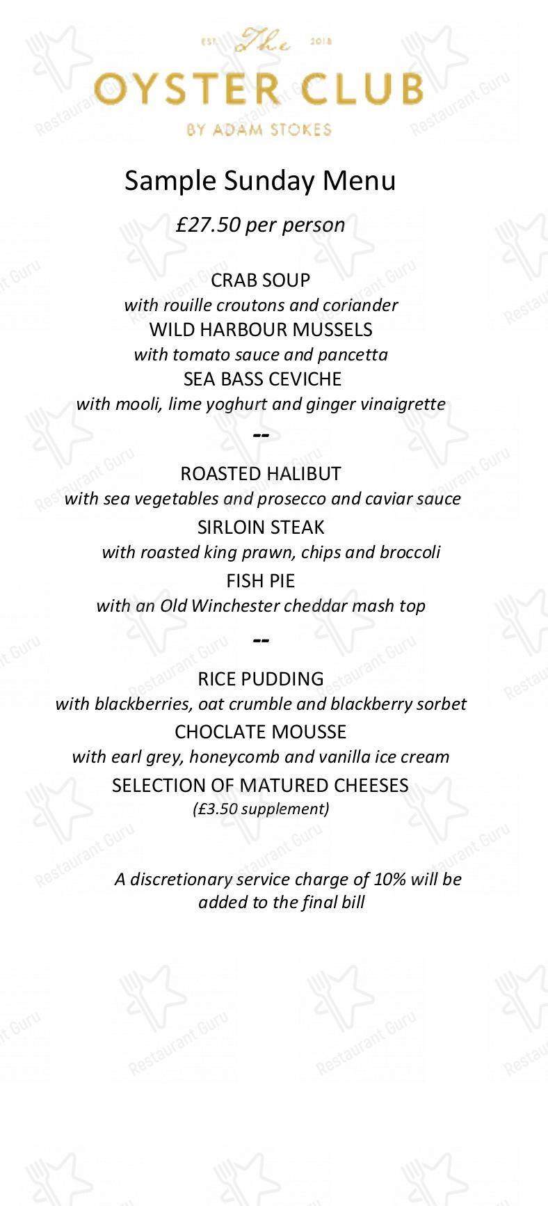 Menu at The Oyster Club, Birmingham