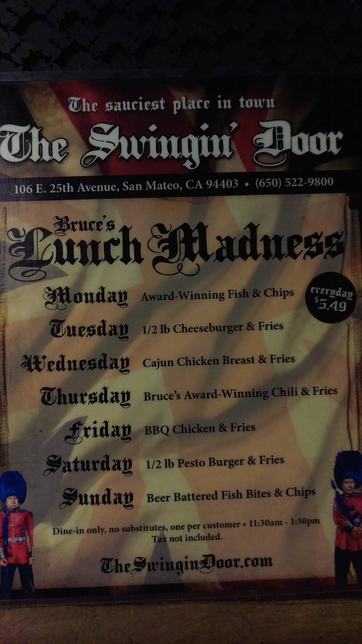 Menu at The Swingin' Door pub & bar, San Mateo