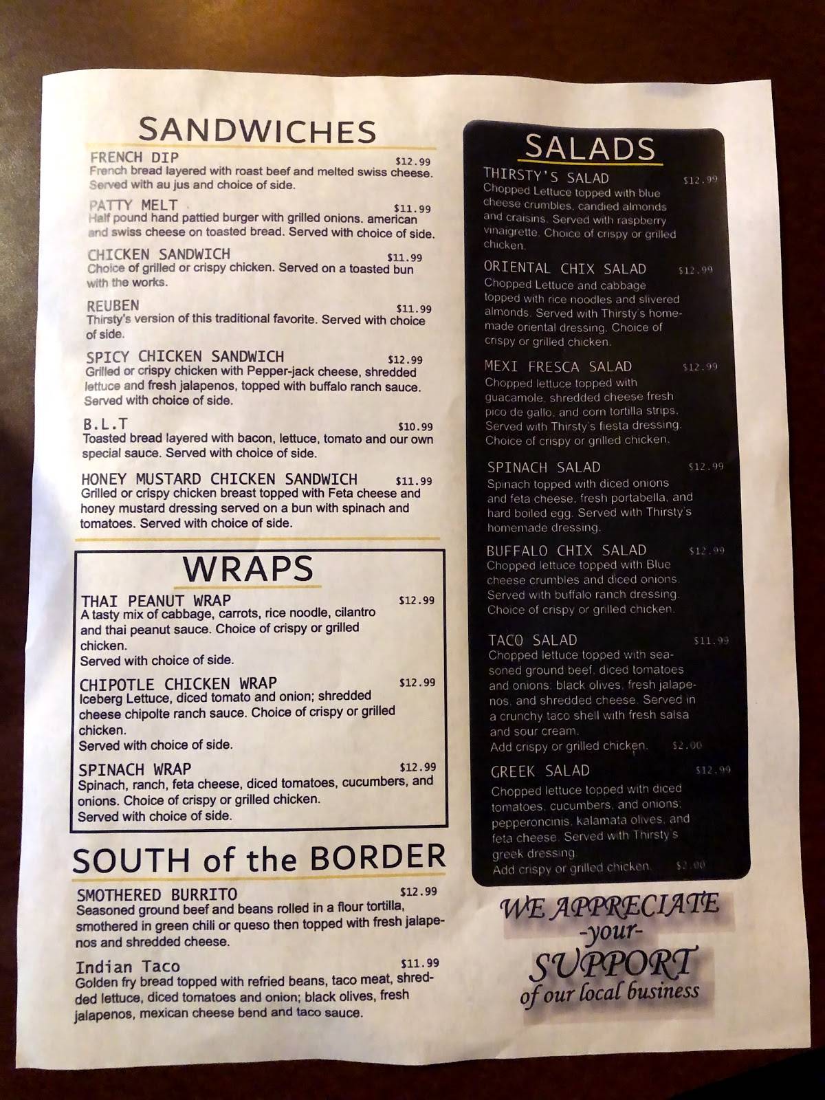 Menu at Thirsty's pub &amp; bar, Rapid City