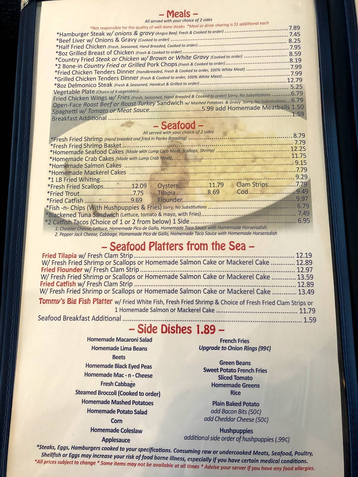 Menu at Tommy's Restaurant, Hampton