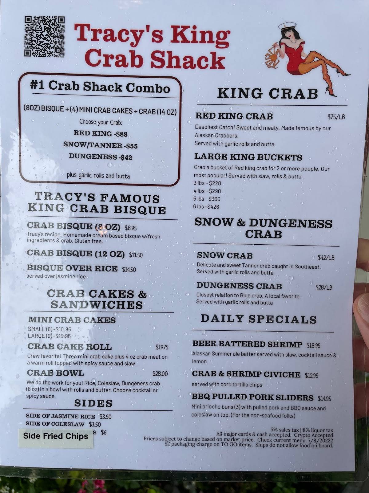 Menu at Tracy’s King Crab Shack restaurant, Juneau, 432 S Franklin St