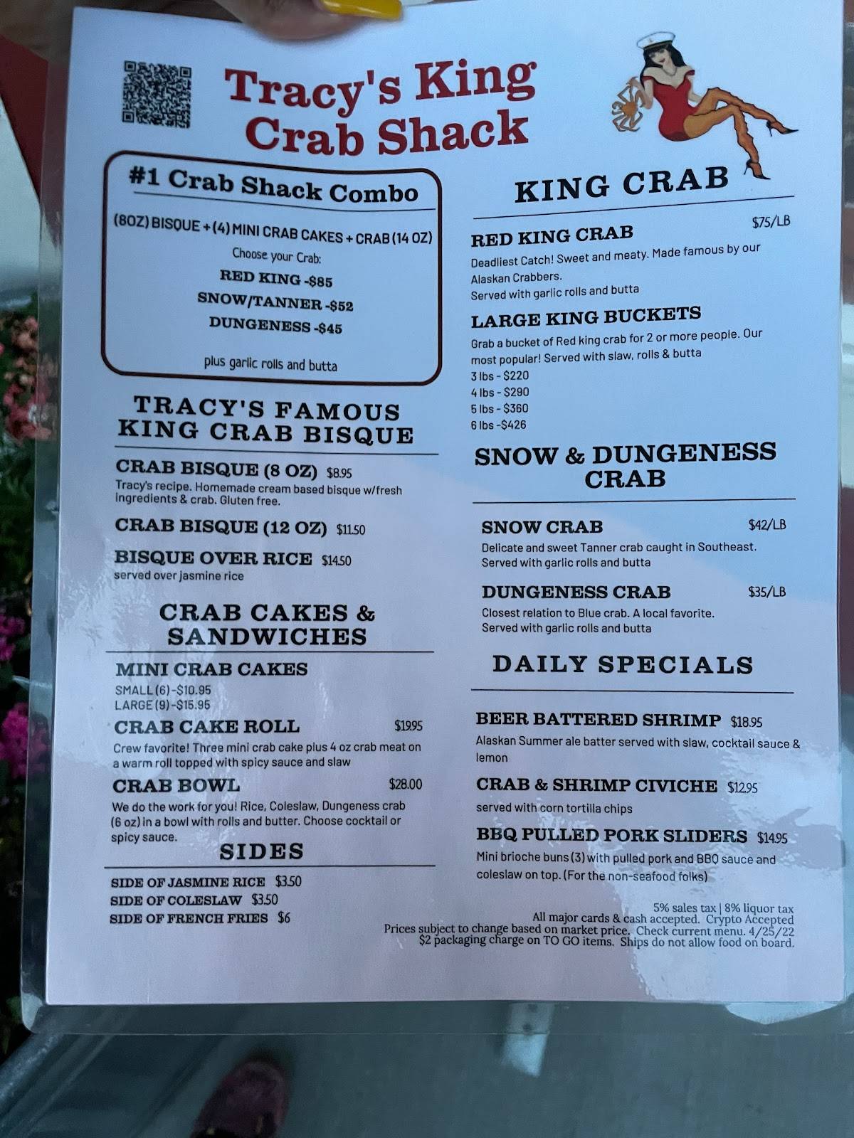 Menu at Tracy’s King Crab Shack restaurant, Juneau, 432 S Franklin St
