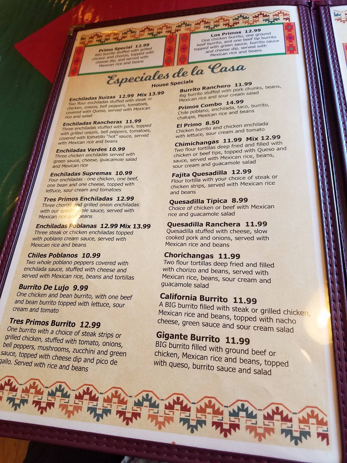 Menu at Tres Primos Mexican Restaurant, Elbridge