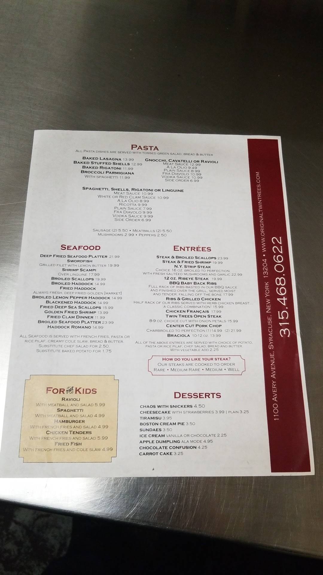 Menu at Twin Trees Restaurant, Syracuse, Avery Ave