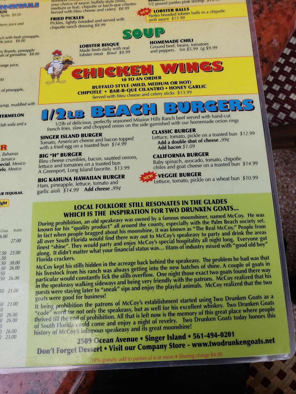 Menu at Two Drunken Goats pub & bar, Riviera Beach