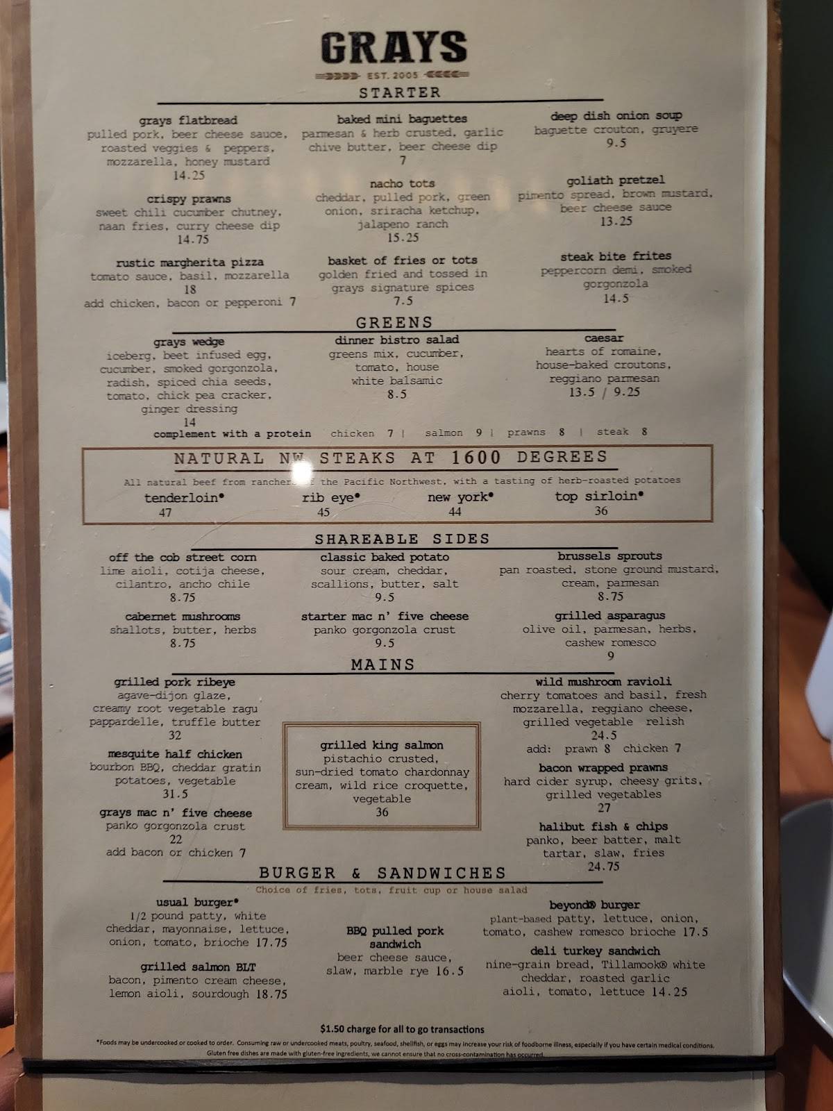 Menu at Grays Restaurant & Bar, Vancouver