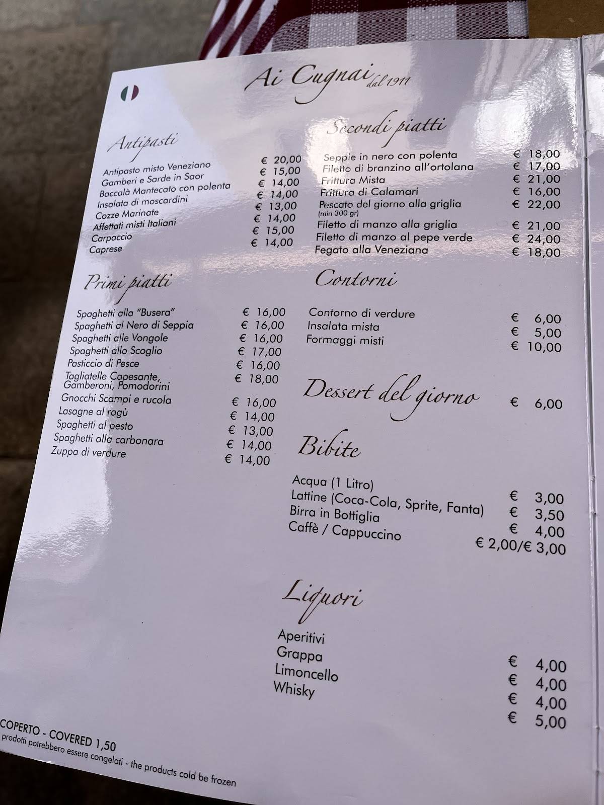 Menu at Trattoria ai Cugnai dal 1911 restaurant, Venice