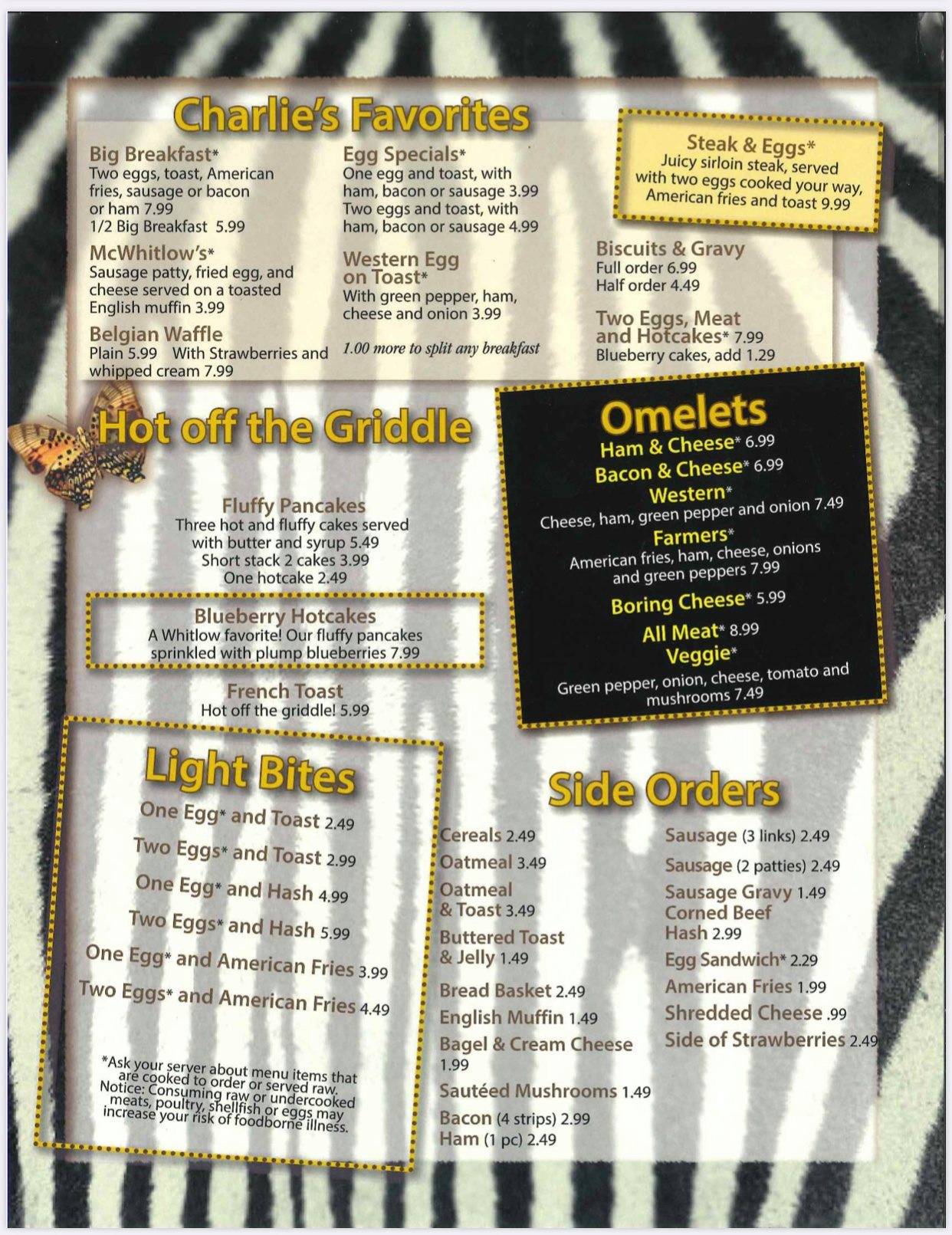 Menu at Whitlow's Forerunner restaurant, Muskegon