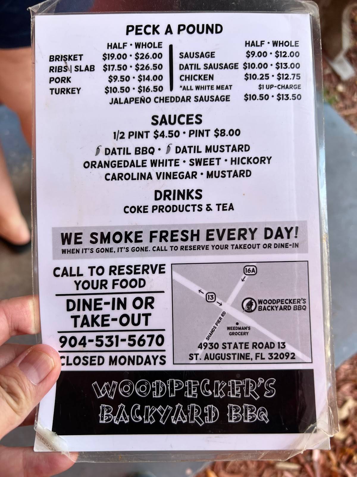 Menu at Woodpeckers Backyard BBQ, Jacksonville