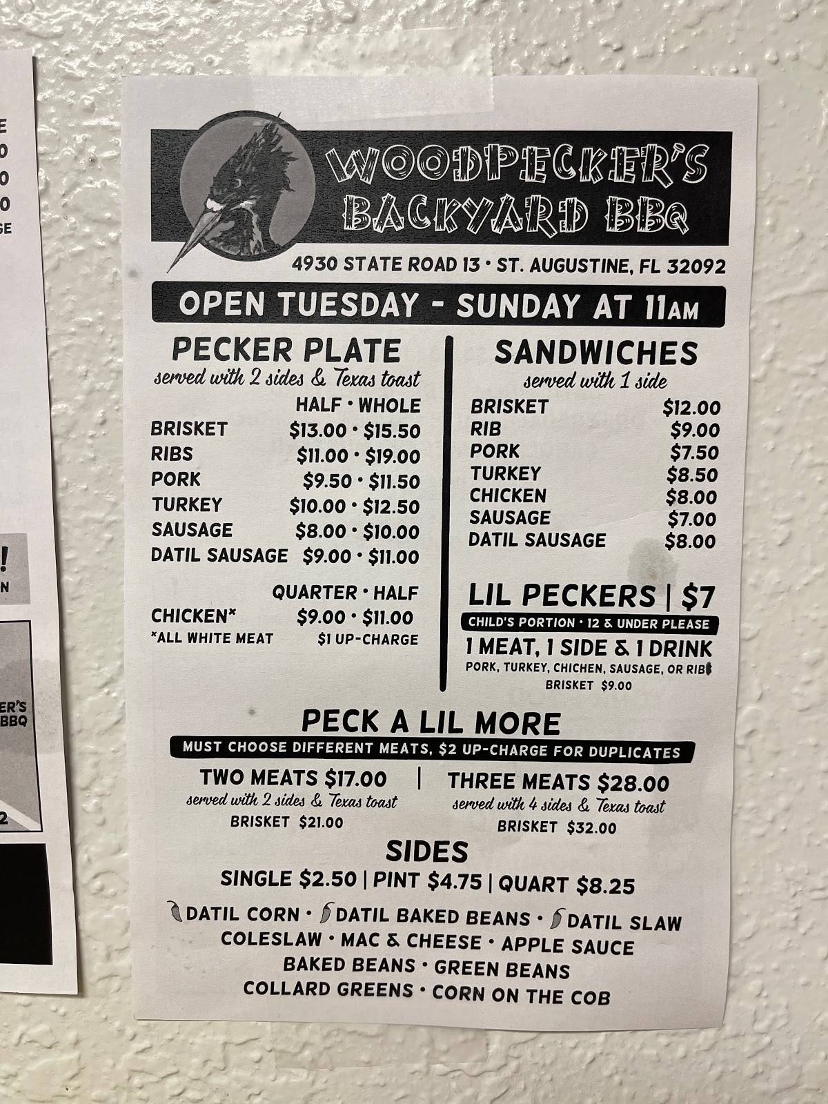 Menu at Woodpeckers Backyard BBQ, Jacksonville