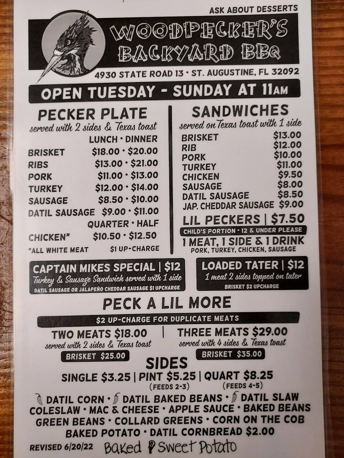 Menu at Woodpeckers Backyard BBQ, Jacksonville