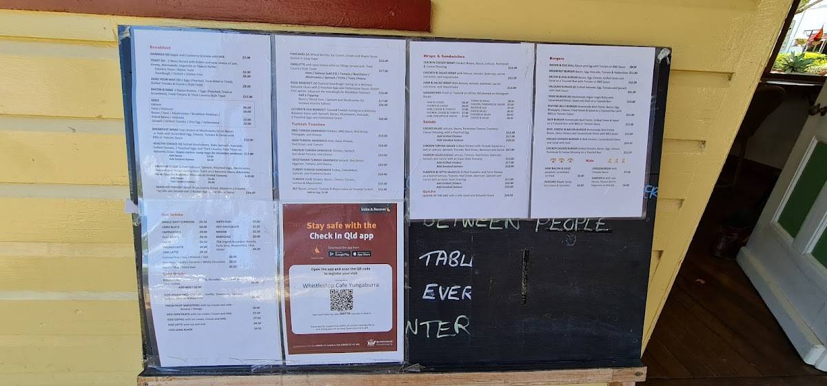 Menu at Whistle Stop Café restaurant, Yungaburra