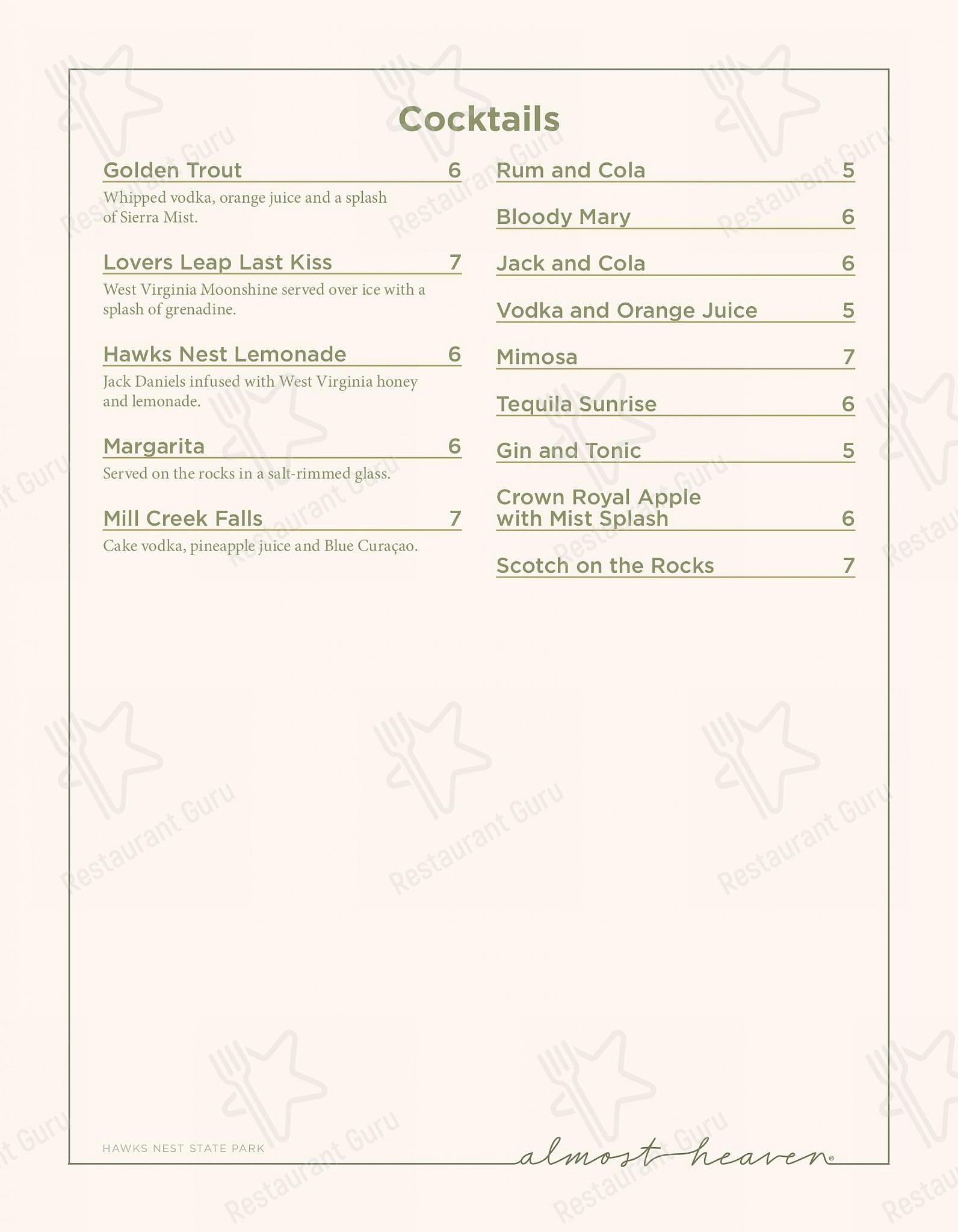 Menu at Hawks Nest State Park restaurant, Ansted