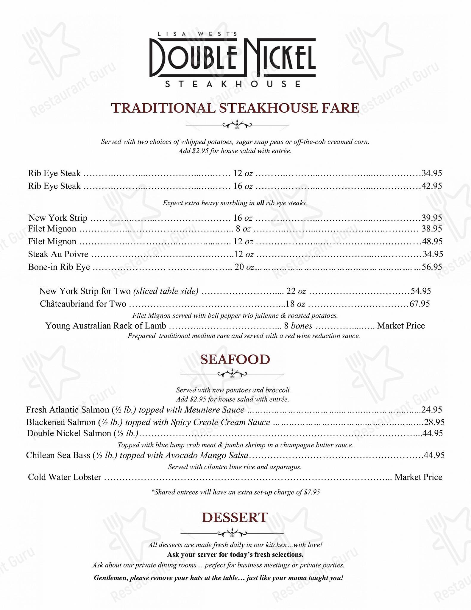 Menu at Double Nickel Steakhouse, Lubbock