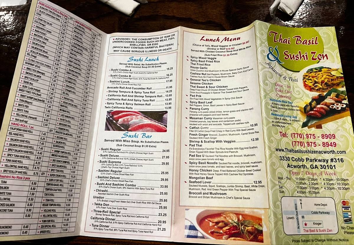 Menu at Thai Basil & Sushi Zen restaurant, Acworth, Cobb Pkwy NW 316
