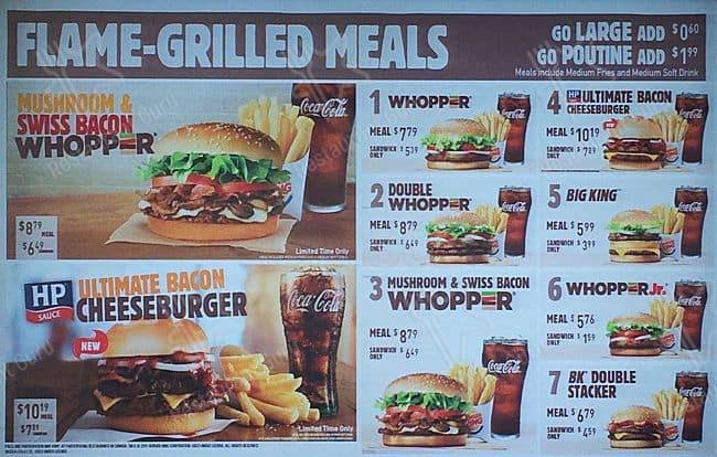 Tableau de menu Burger King 2023