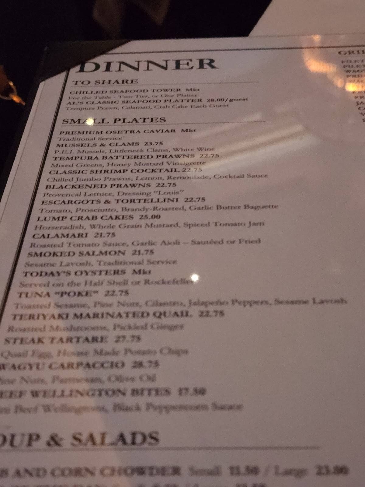 Menu at Al Biernat's steakhouse, Dallas