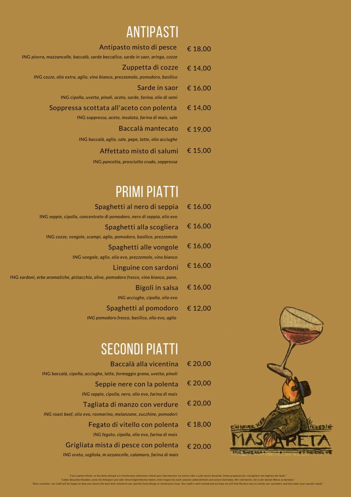 Menu at Al Mascaron restaurant, Venice, Castello