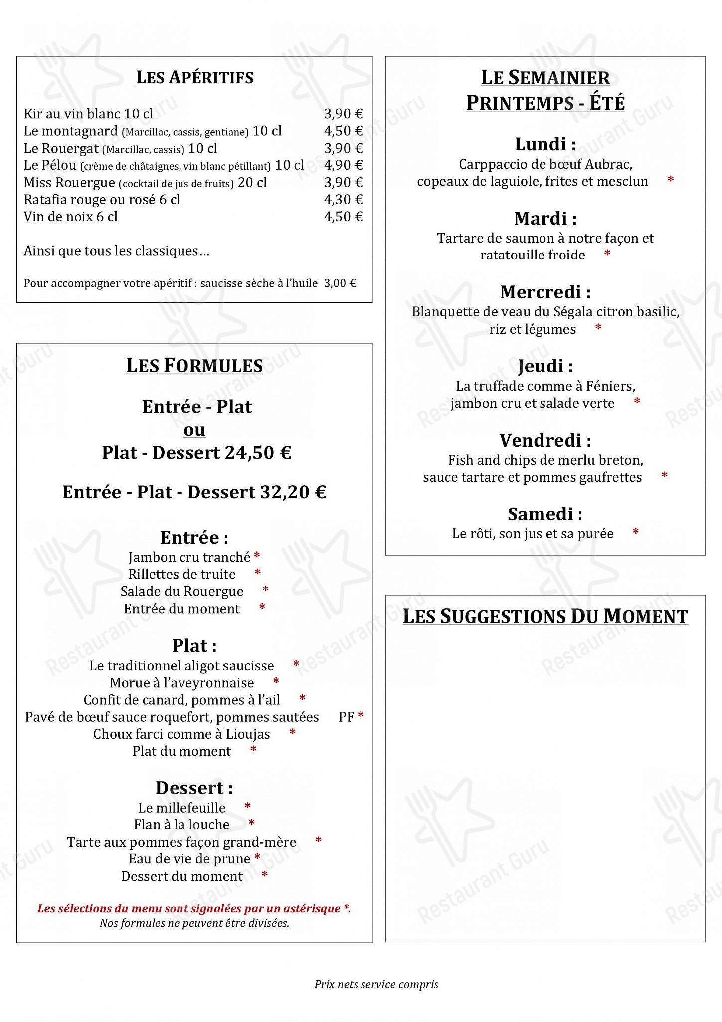 Carta Del Restaurante Lauberge Aveyronnaise Paris