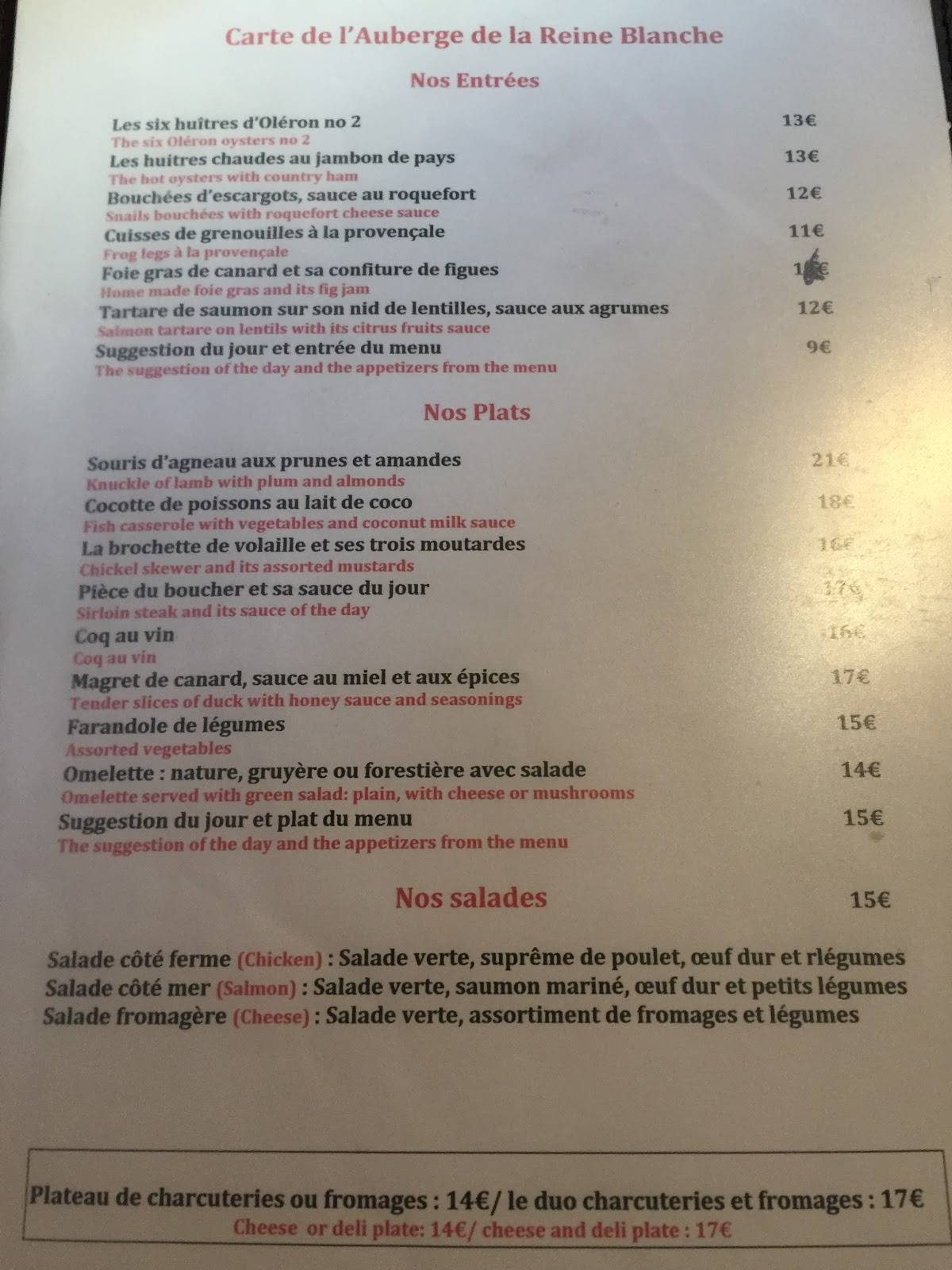 Menu au Auberge de la Reine Blanche restaurant, Paris, 30 Rue Saint