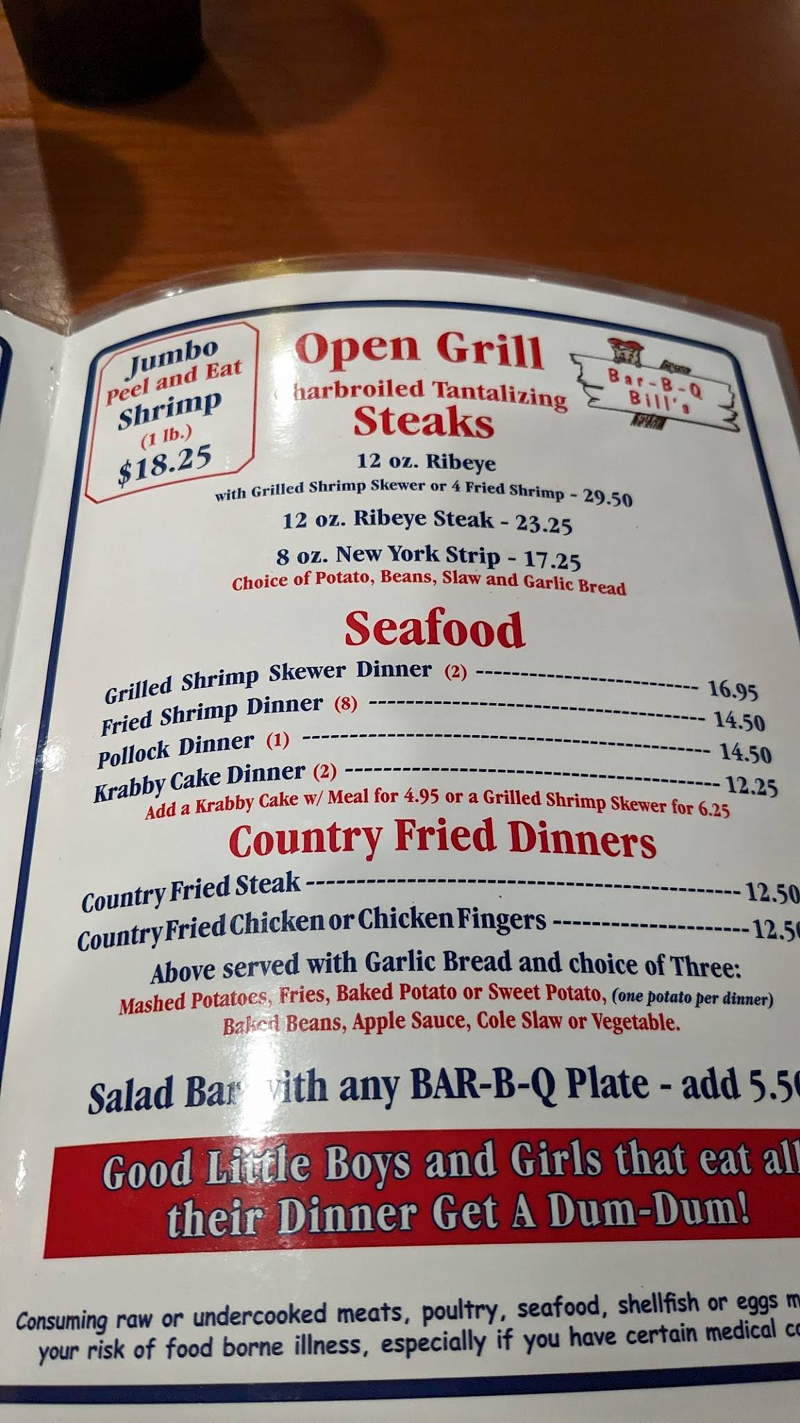 Menu at BarBQ Bill's, Chiefland
