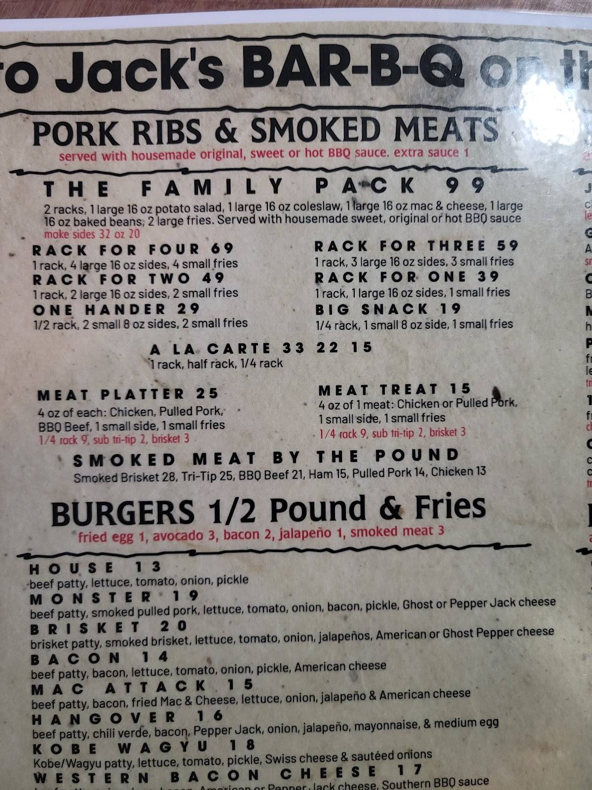 Menu at Jack's BARBQ, Lake Elsinore