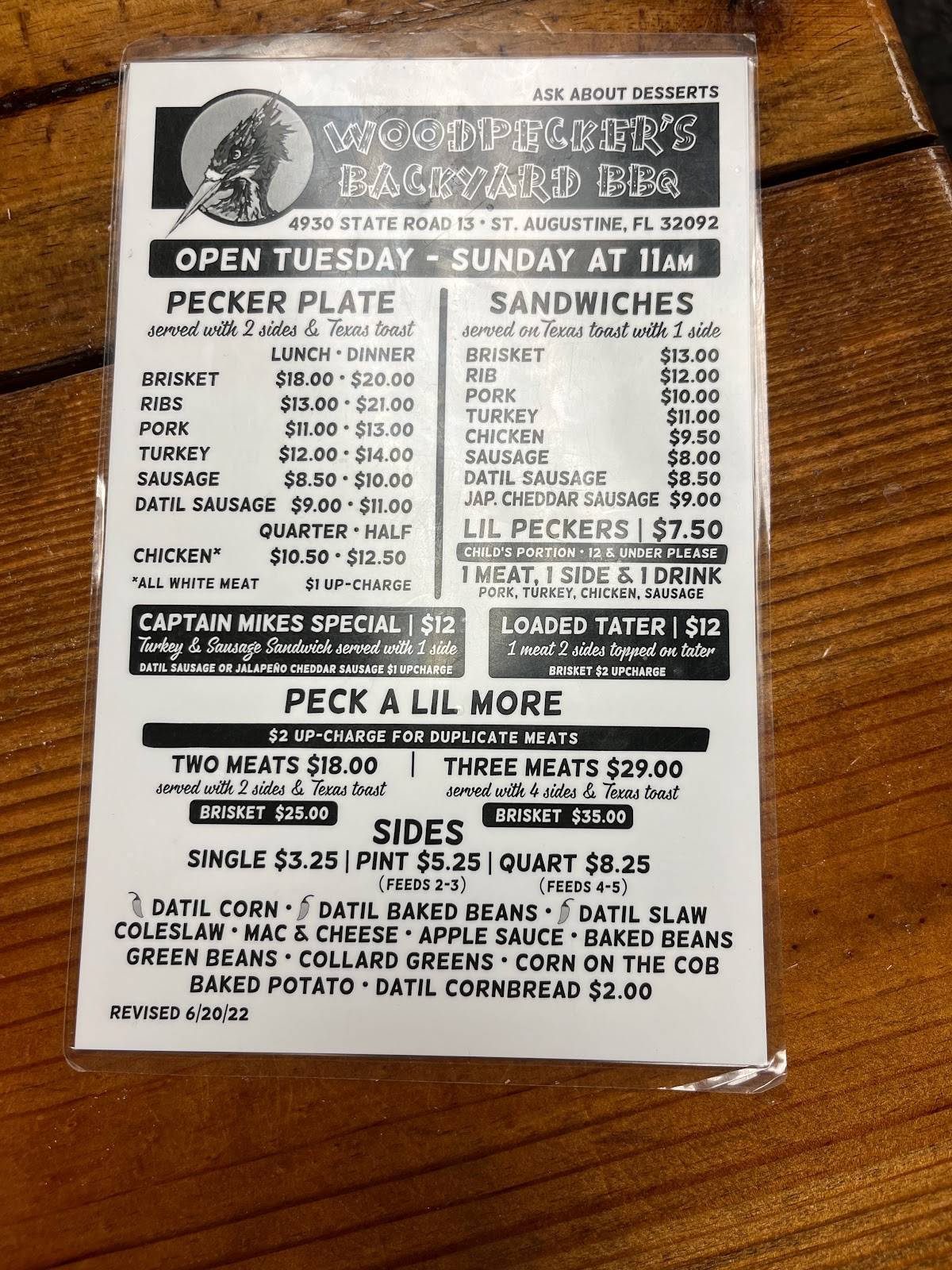 Menu at Woodpeckers Backyard BBQ, Jacksonville