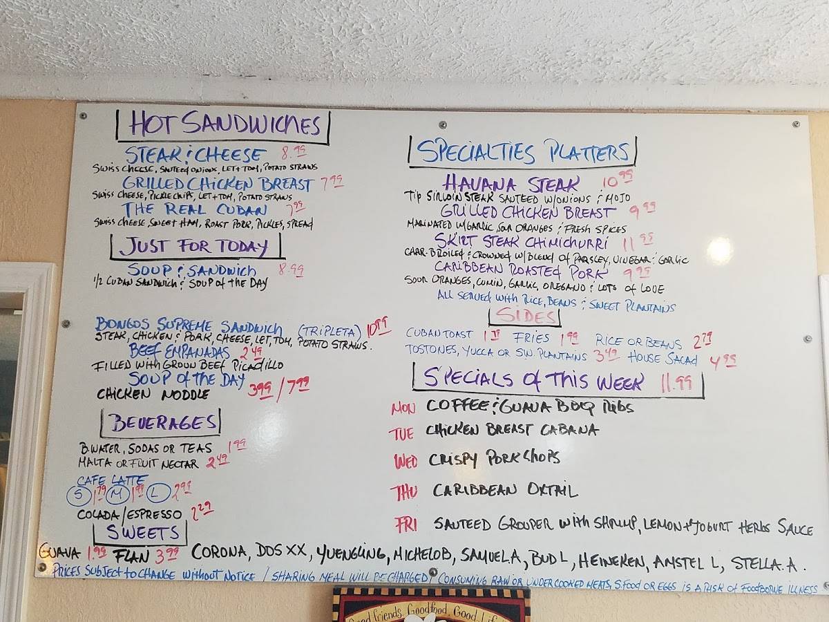 Menu at BONGOS CREATIVE CUISINE restaurant, Sebring