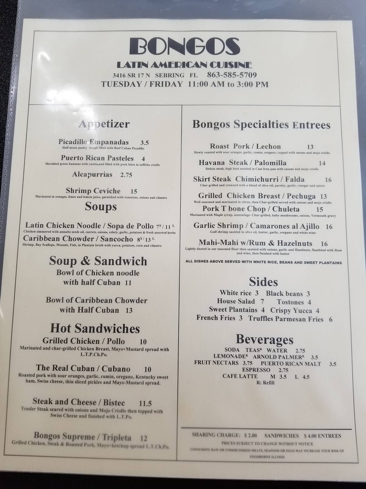 Menu at BONGOS CREATIVE CUISINE restaurant, Sebring