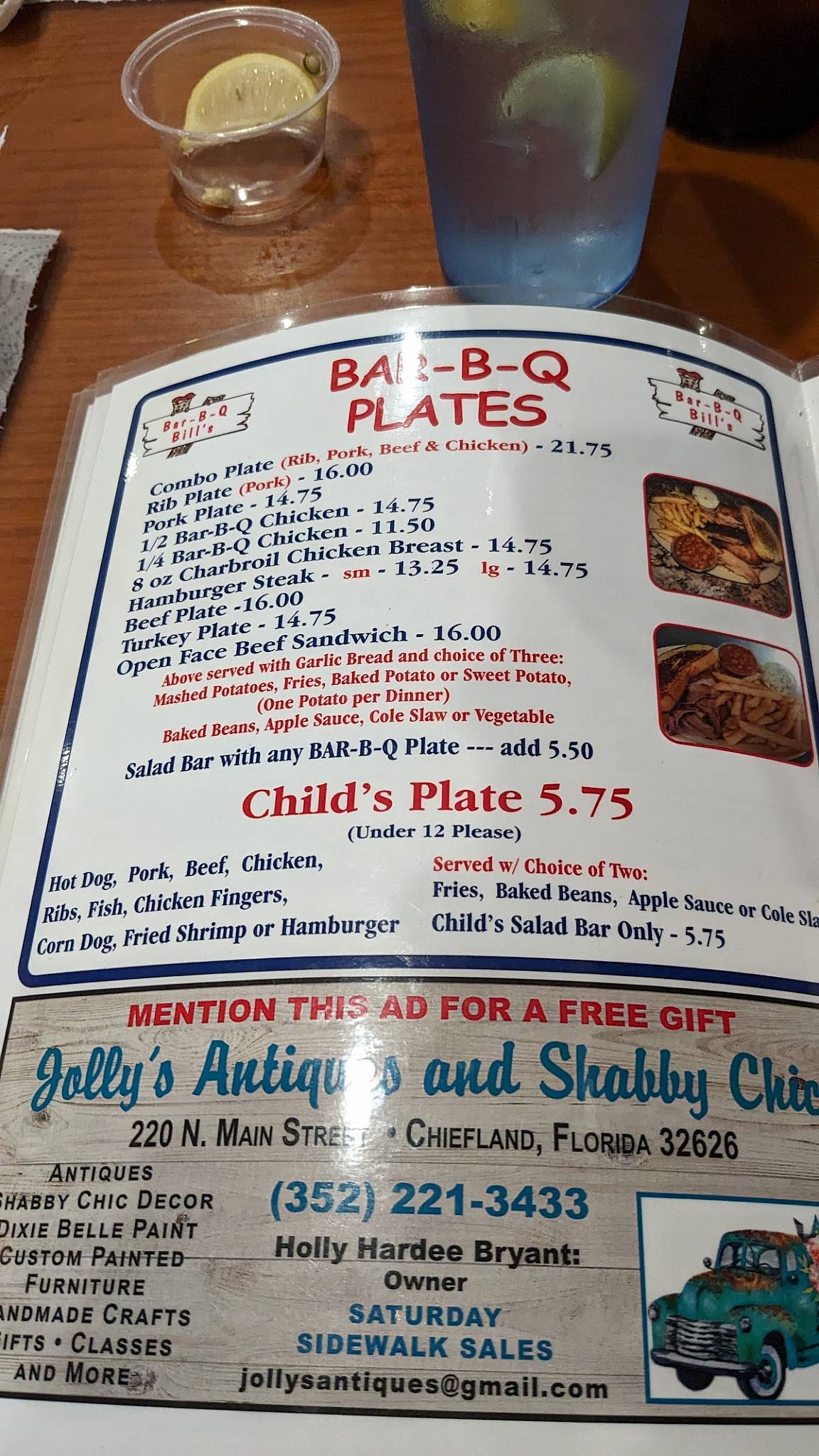 Menu at BarBQ Bill's, Chiefland