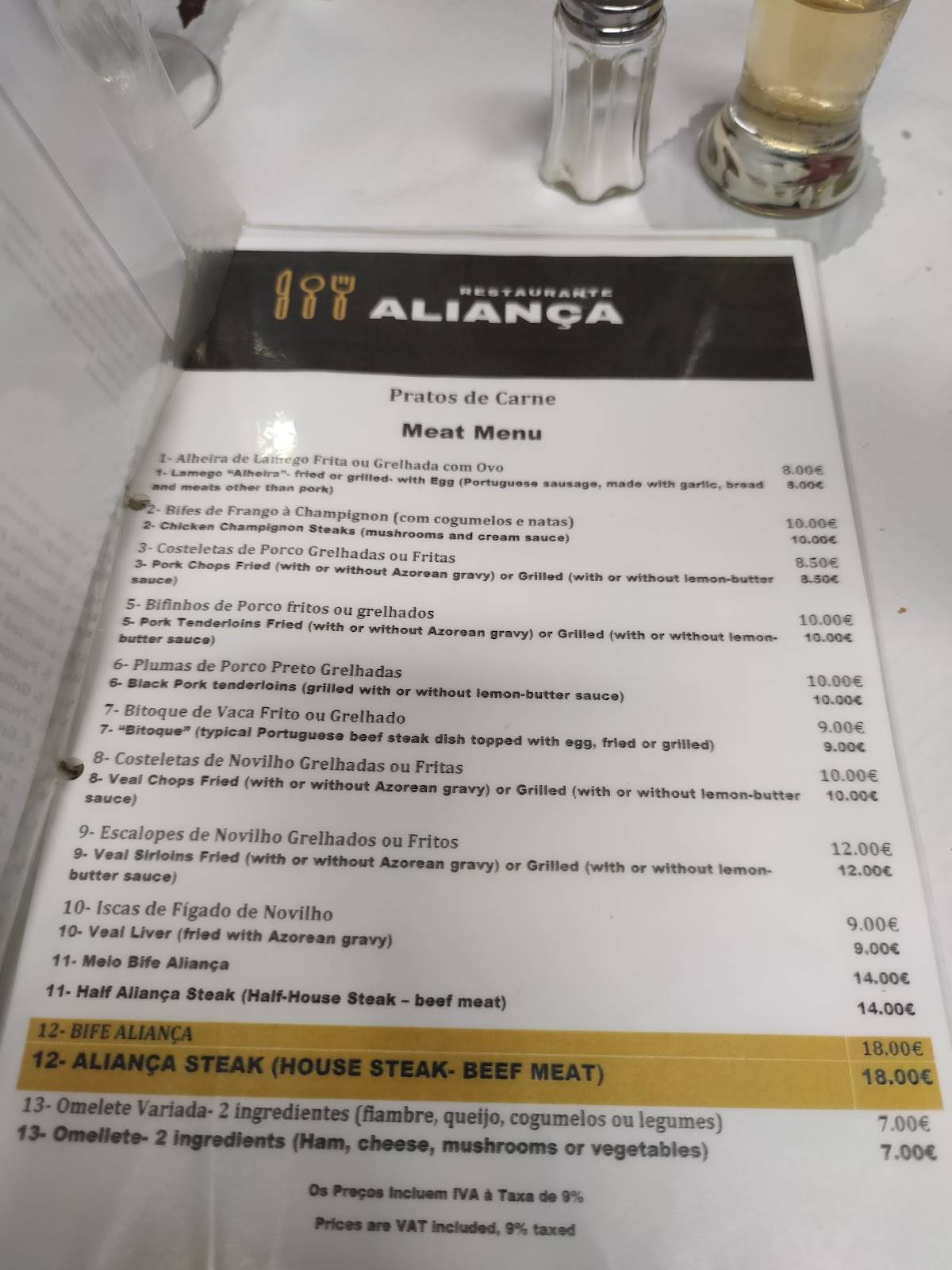 Menu em Bar Restaurante Aliança Ponta Delgada