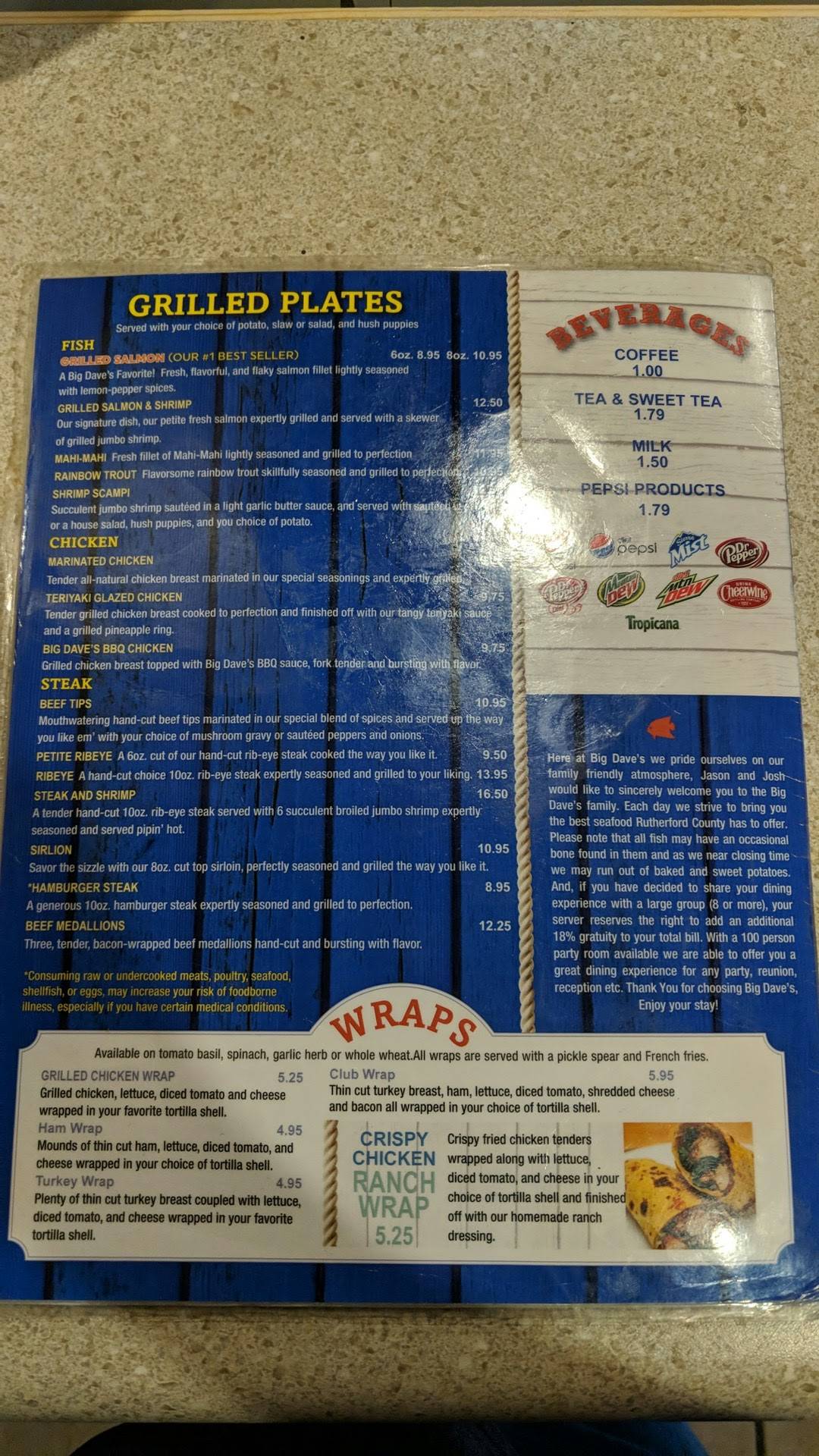 Menu at Big Dave's Family Seafood restaurant, Forest City