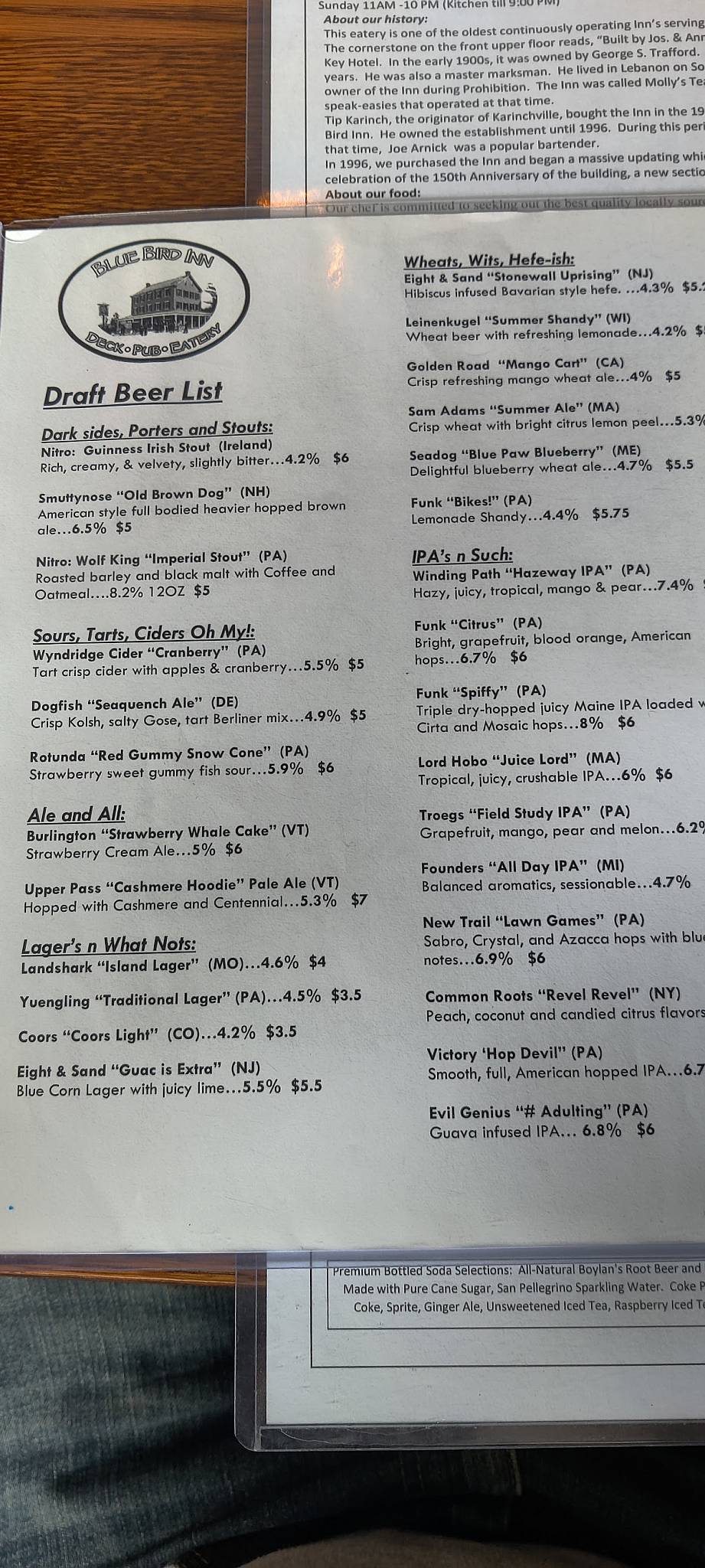 Menu at Blue Bird Inn restaurant, Lebanon