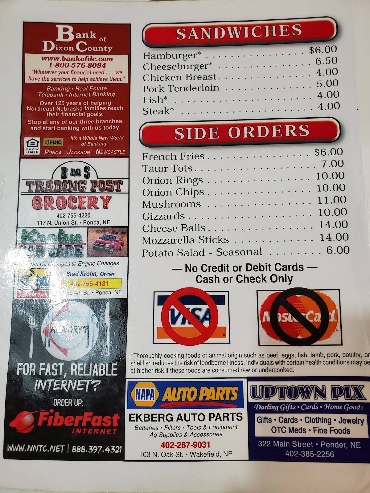 Menu at Bob's Bar and Grill, Martinsburg