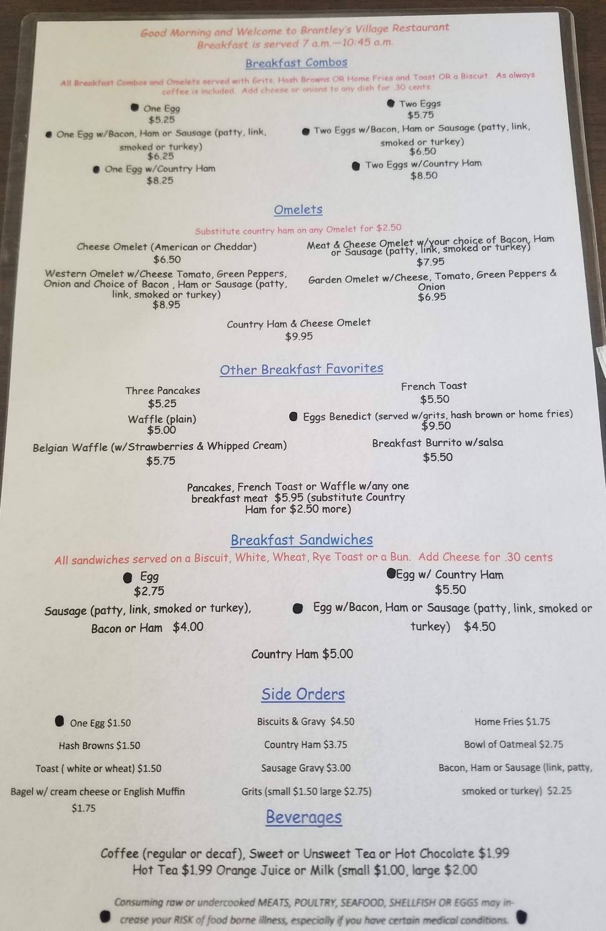 Menu at Brantleys Village Restaurant, Oriental