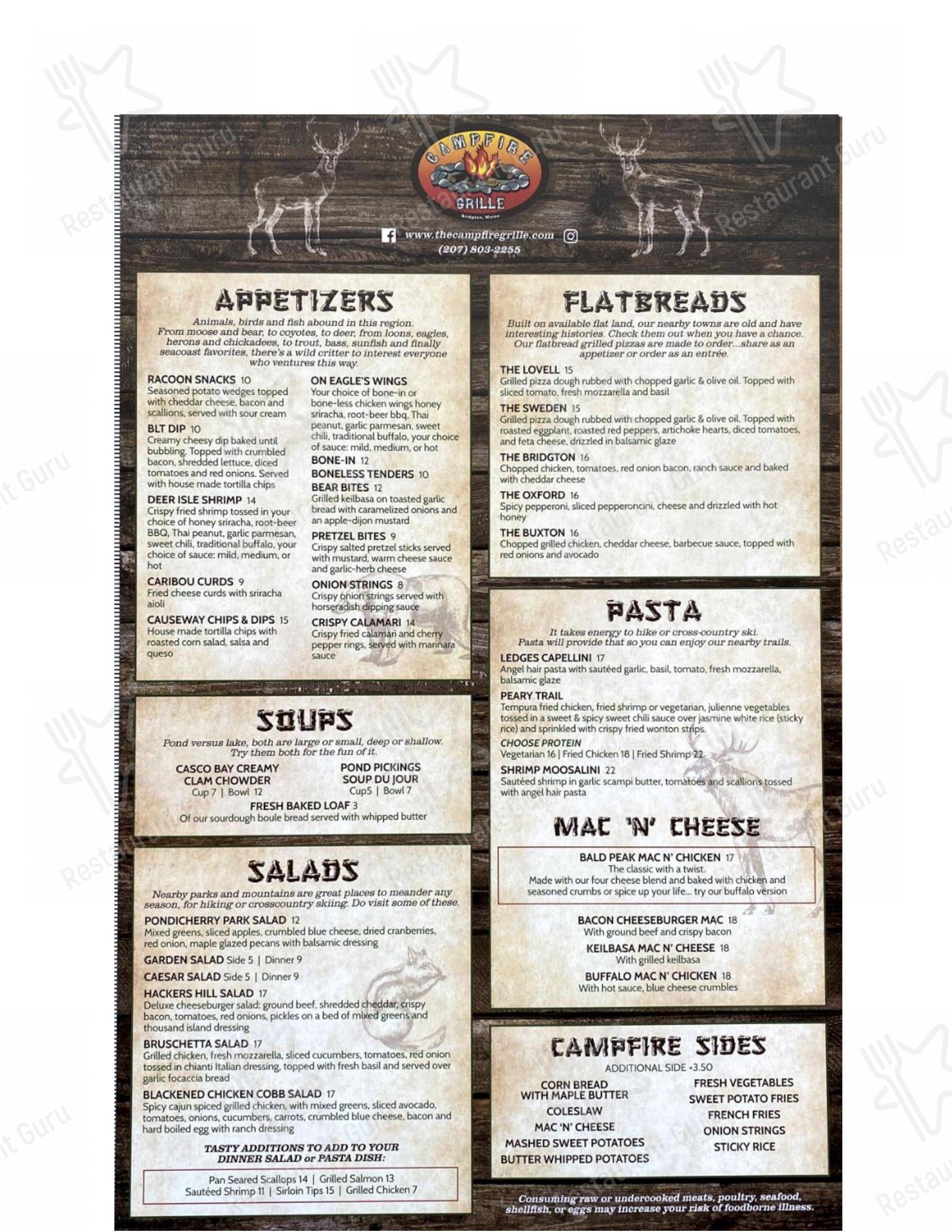 Menu at Campfire Grille restaurant, Bridgton, 518 Portland Rd