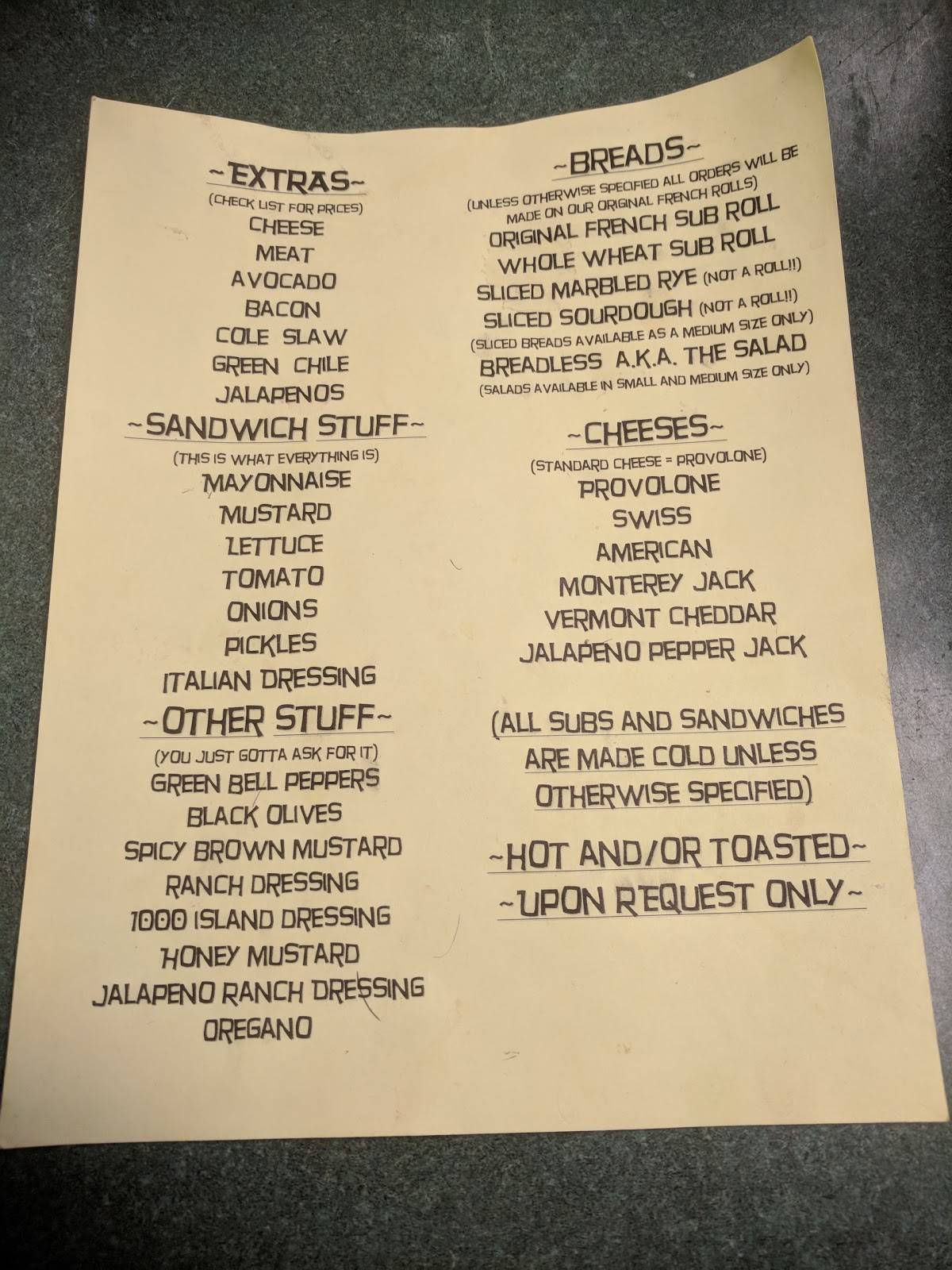 Menu at Brown Bag Deli restaurant, Alamogordo