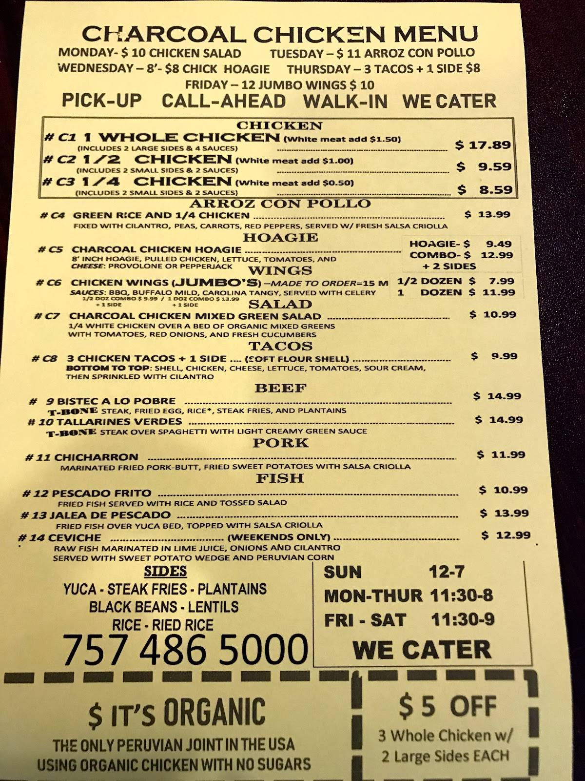Menu at CHARCOAL CHICKEN Pollo A La Brasa restaurant, Virginia Beach