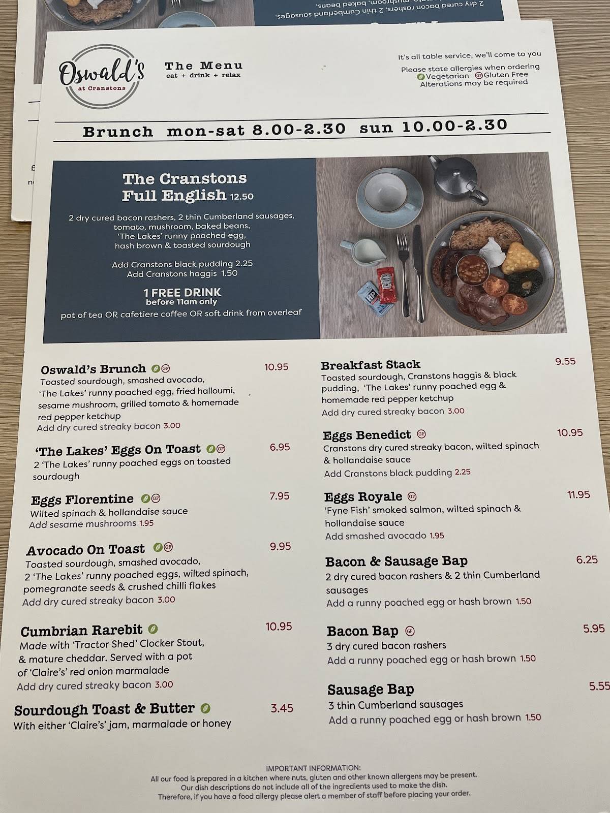 Menu at Cranstons Cumbrian Foodhall & Café Oswald’s cafe, Penrith