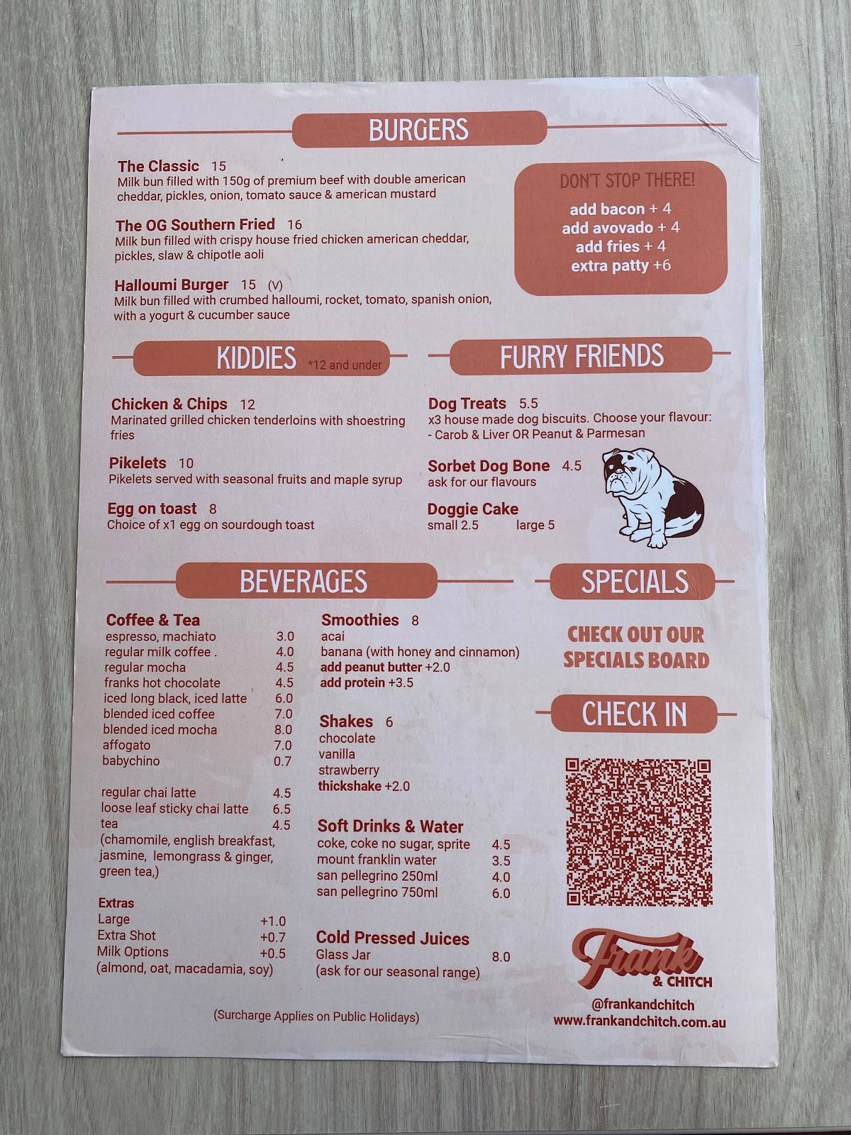 Menu at Frank & Chitch cafe, Earlwood