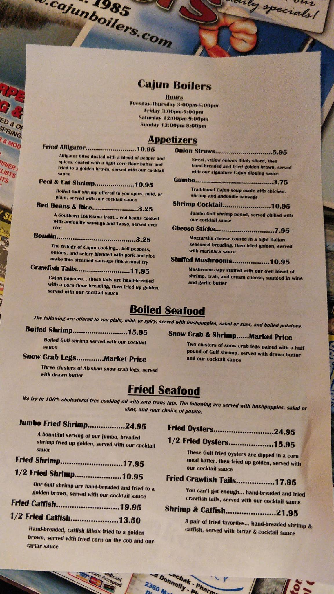 Menu at Cajun Boilers pub & bar, Hot Springs